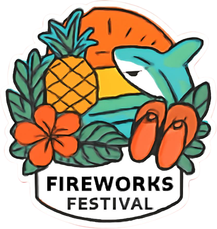 Generate Cute sticker design with thick white outline and pop out effect, bubbly shapes with kawaii sticker aesthetic, fireworks festival logo as cute summer symbol, simple icon design with minimal flat illustration, fe (1)