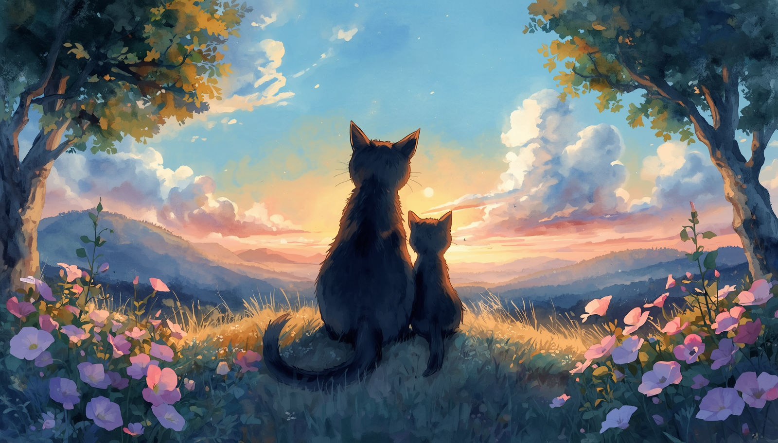 Back view of a black mother cat and her kitten sitting together on a summer mountain, morning glory flowers blooming around them, summer twilight with warm golden and purple hues, cool sea breeze feeling, nostalgic summer me