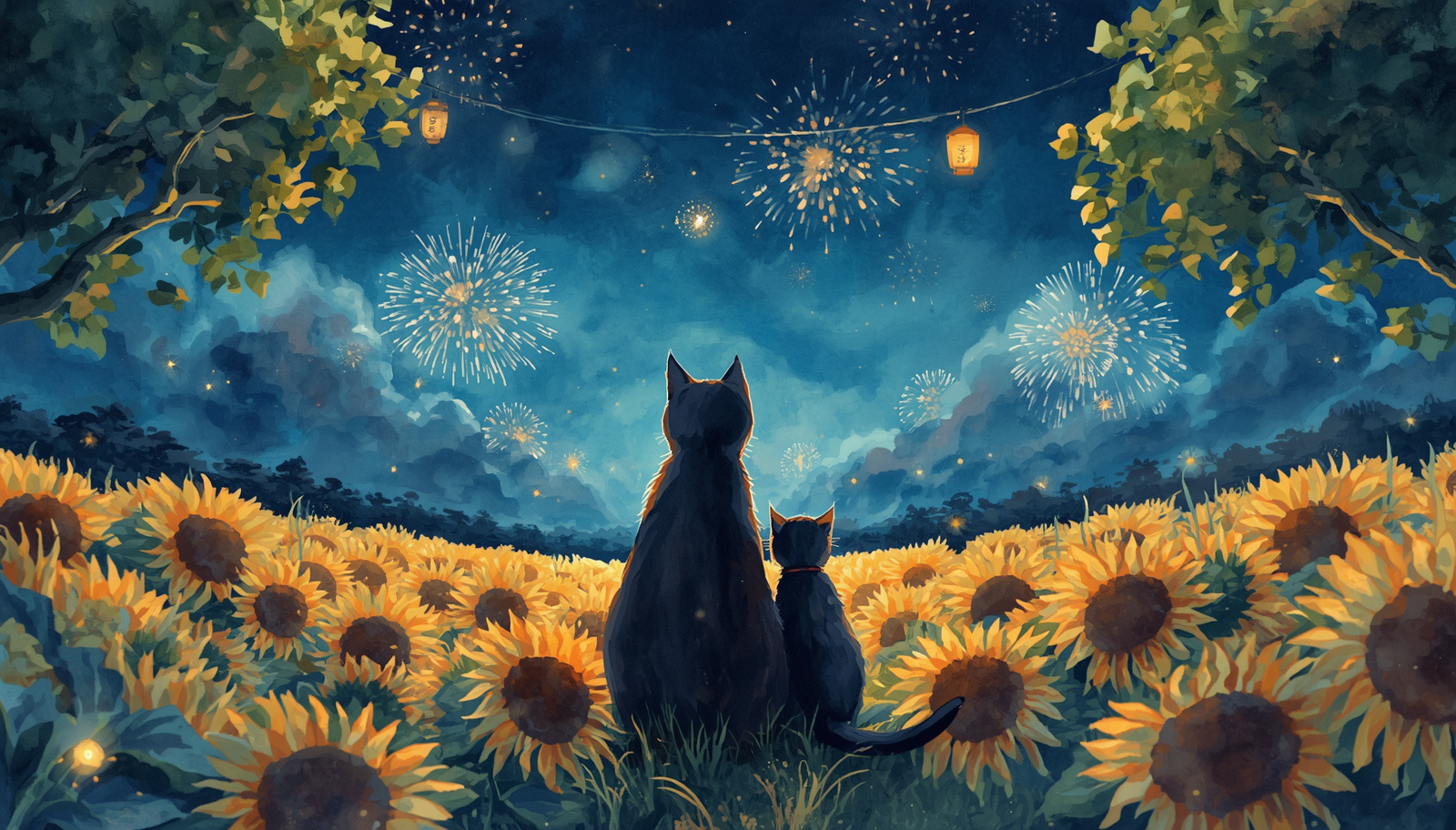 ｃ＿Back view of a black mother cat and her kitten sitting together in a sunflower field at night, watching fireworks blooming in the summer night sky, traditional Japanese summer festival atmosphere with distant lantern lights,