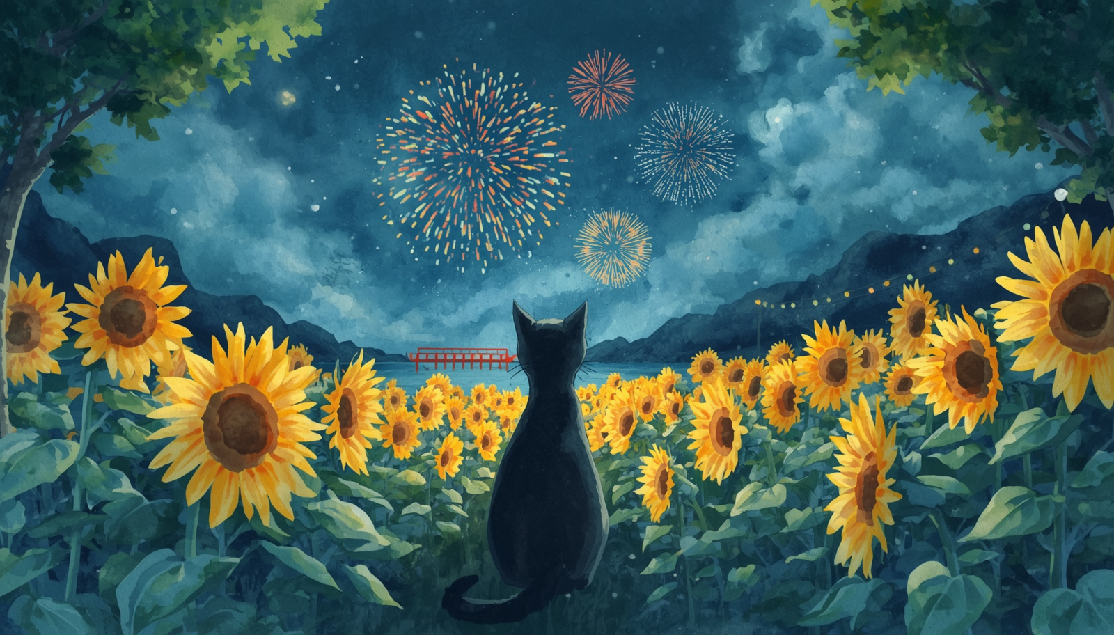 ｃ＿Black cat sitting in a sunflower field at night, fireworks blooming in the summer night sky, traditional Japanese summer festival atmosphere with distant lantern lights, cool sea breeze feeling, watercolor painting style wit