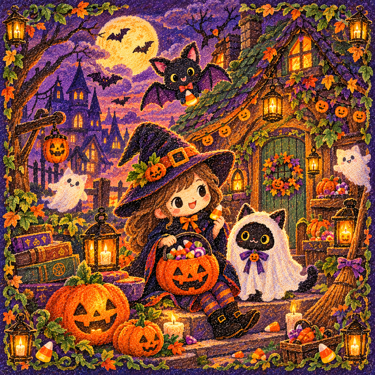 月夜のハロウィン魔女とおばけ猫
