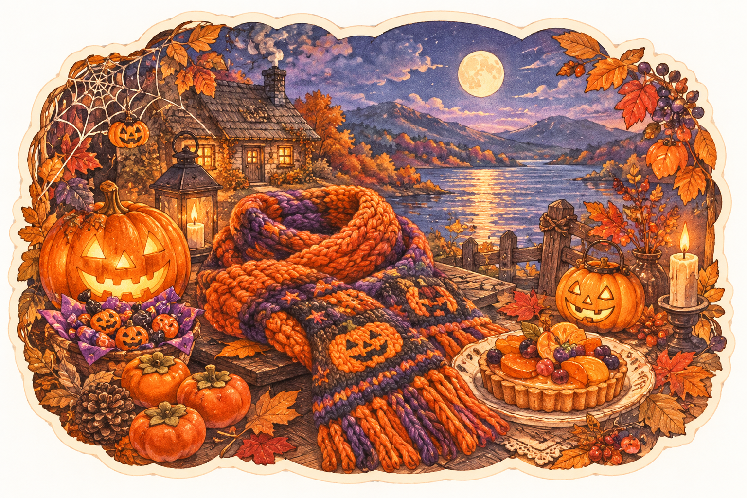 月夜の湖畔と秋色ハロウィン уют
