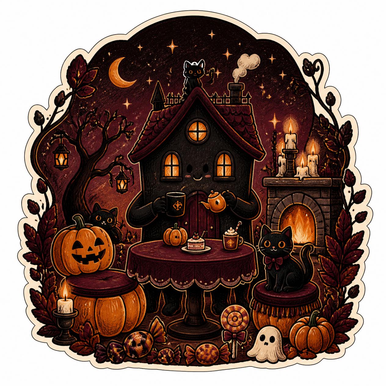 Cute dark Halloween illustration in colored pencil texture and vinyl sticker style a pumpkin cafe scene with a haunted house character, wrapped candy, black cat details, cute Halloween graveyard, candlelit evening, spar (1)