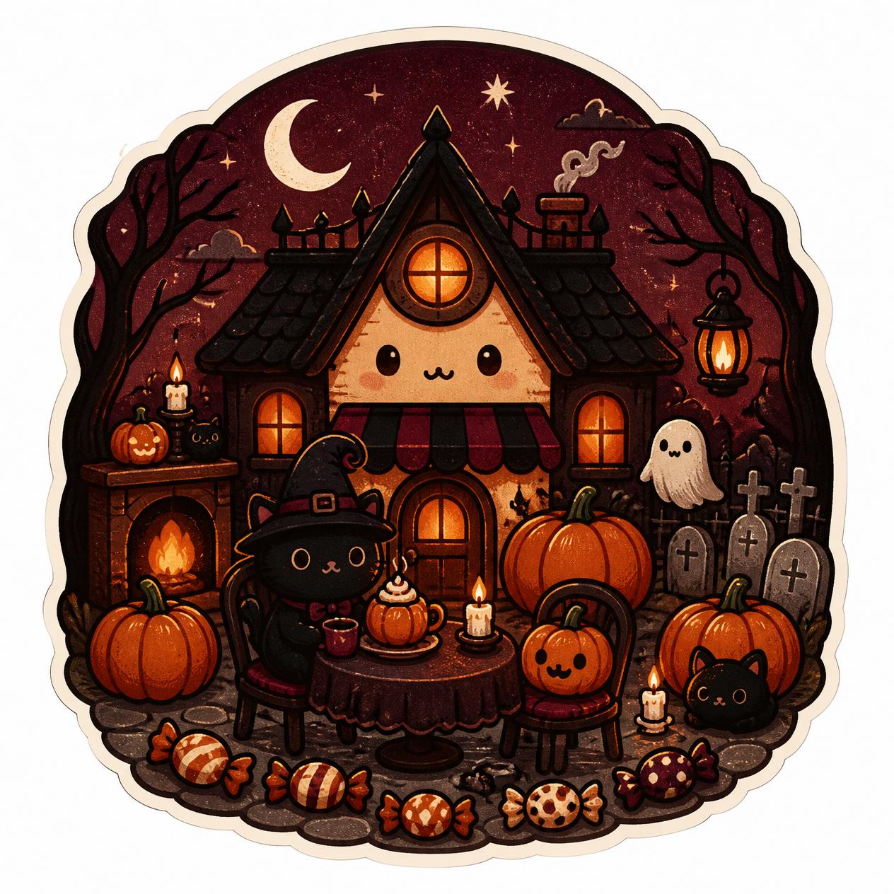 Cute dark Halloween illustration in colored pencil texture and vinyl sticker style a pumpkin cafe scene with a haunted house character, wrapped candy, black cat details, cute Halloween graveyard, candlelit evening, spar (2)