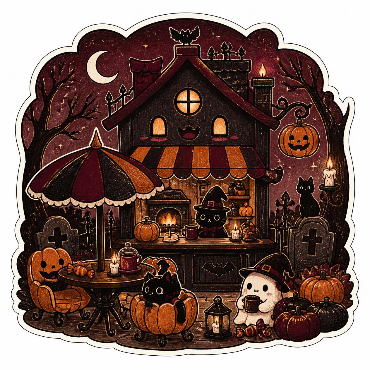 Cute dark Halloween illustration in colored pencil texture and vinyl sticker style a pumpkin cafe scene with a haunted house character, wrapped candy, black cat details, cute Halloween graveyard, candlelit evening, sparklin