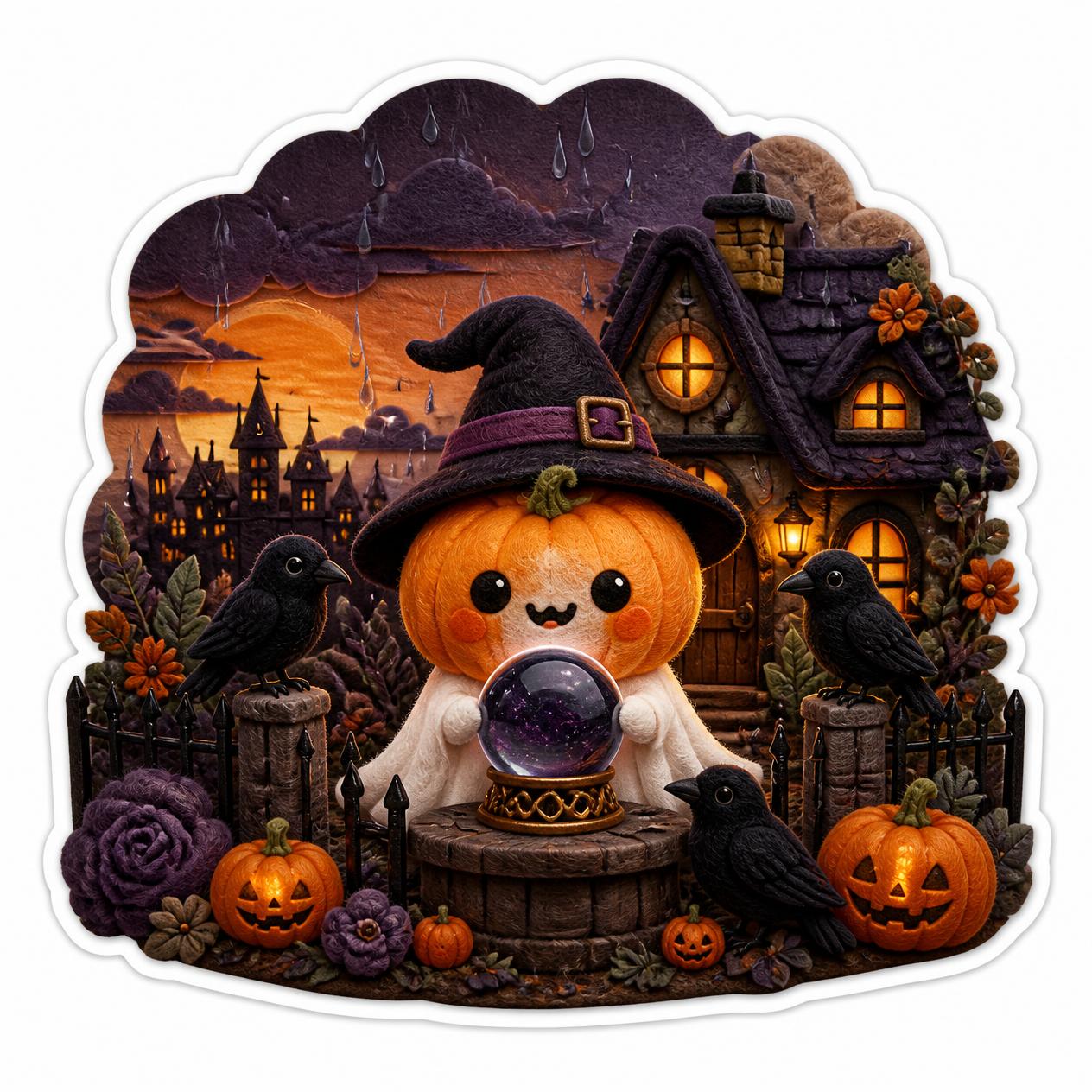 Cute Halloween chibi Halloween style, felt craft texture, vinyl sticker style spooky garden, pumpkin ghost, with crystal ball, featuring crow details, Halloween village, sunset, gentle drizzle, white background, icon ce (1)