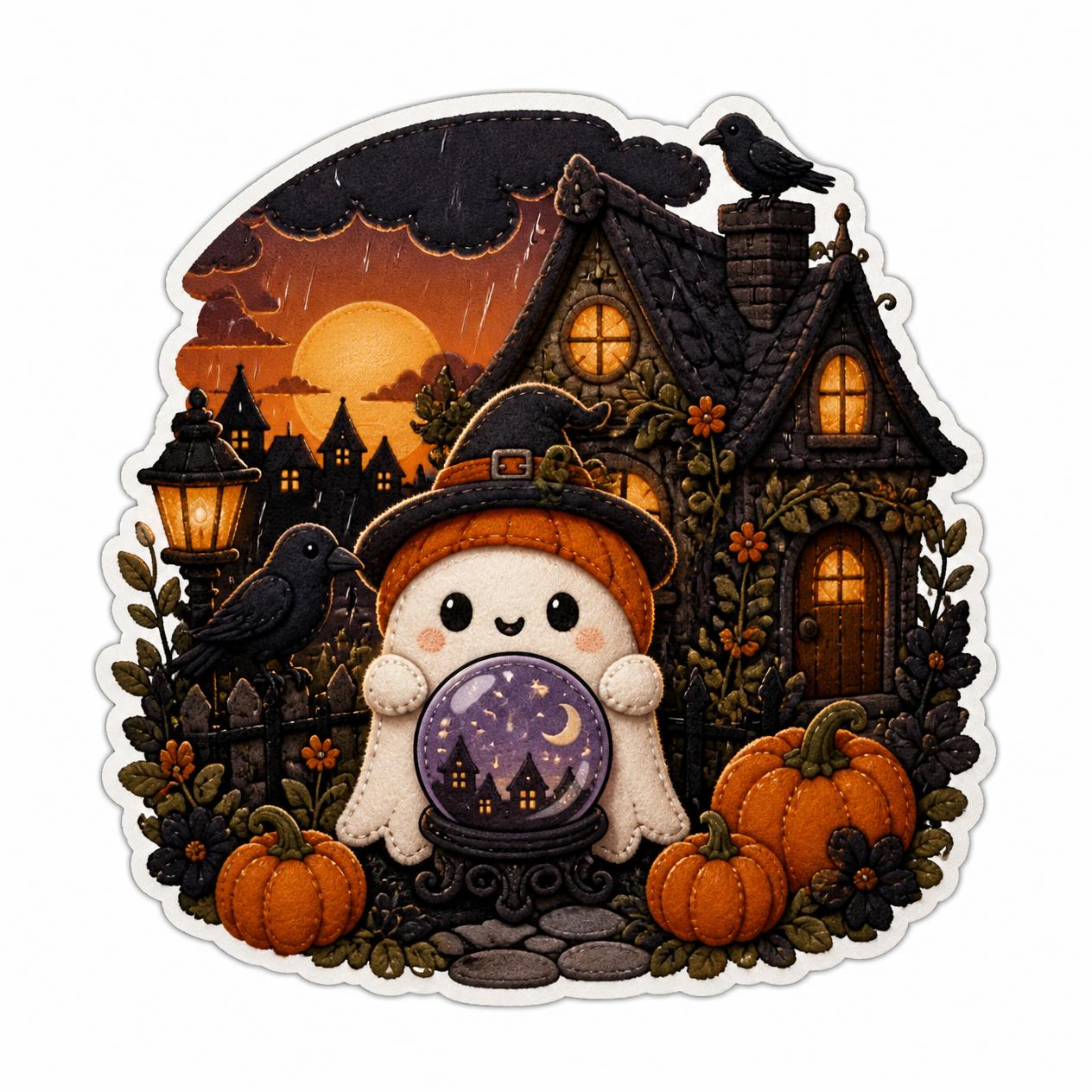 Cute Halloween chibi Halloween style, felt craft texture, vinyl sticker style spooky garden, pumpkin ghost, with crystal ball, featuring crow details, Halloween village, sunset, gentle drizzle, white background, icon ce (2)