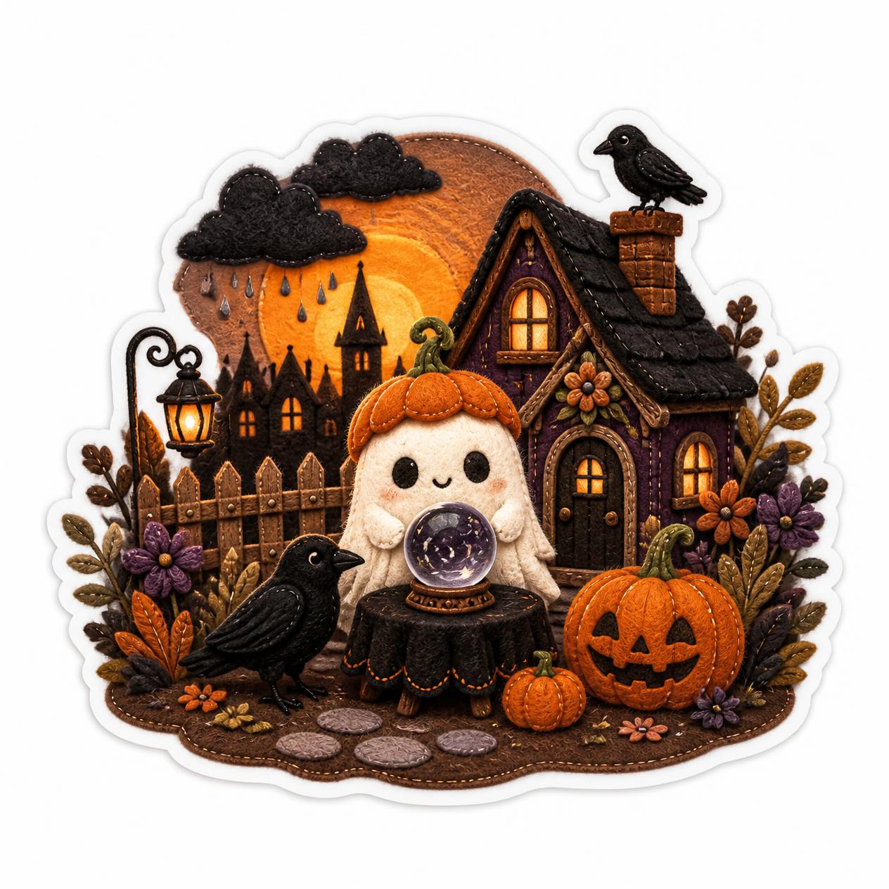 Cute Halloween chibi Halloween style, felt craft texture, vinyl sticker style spooky garden, pumpkin ghost, with crystal ball, featuring crow details, Halloween village, sunset, gentle drizzle, white background, icon center