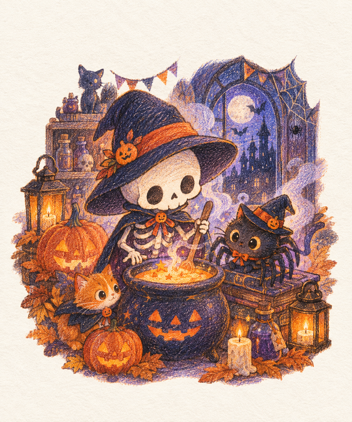 かわいい骸骨と猫蜘蛛のハロウィン魔法工房