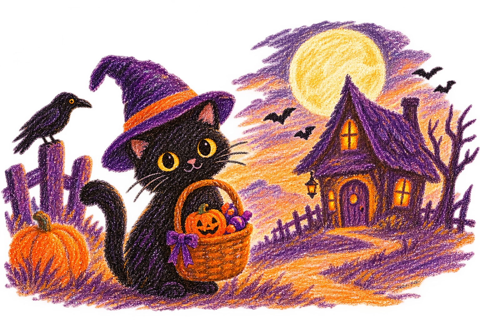クレヨン画の黒猫と魔女の館 (1)