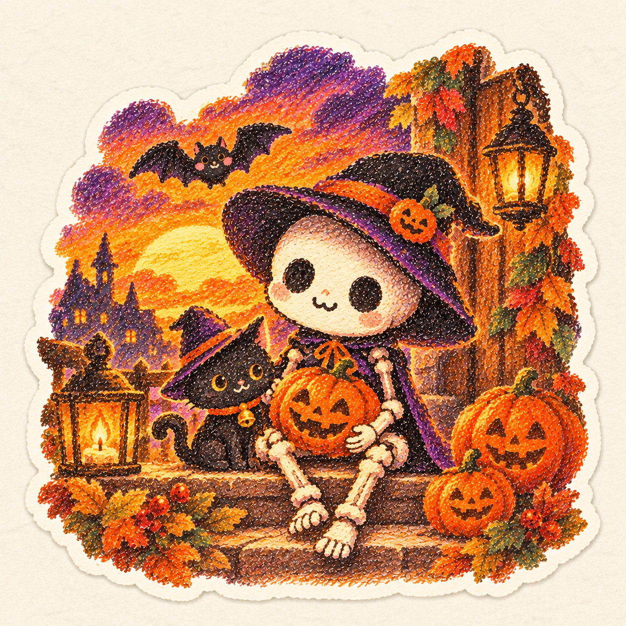 ハロウィンの夜、骸骨と黒猫