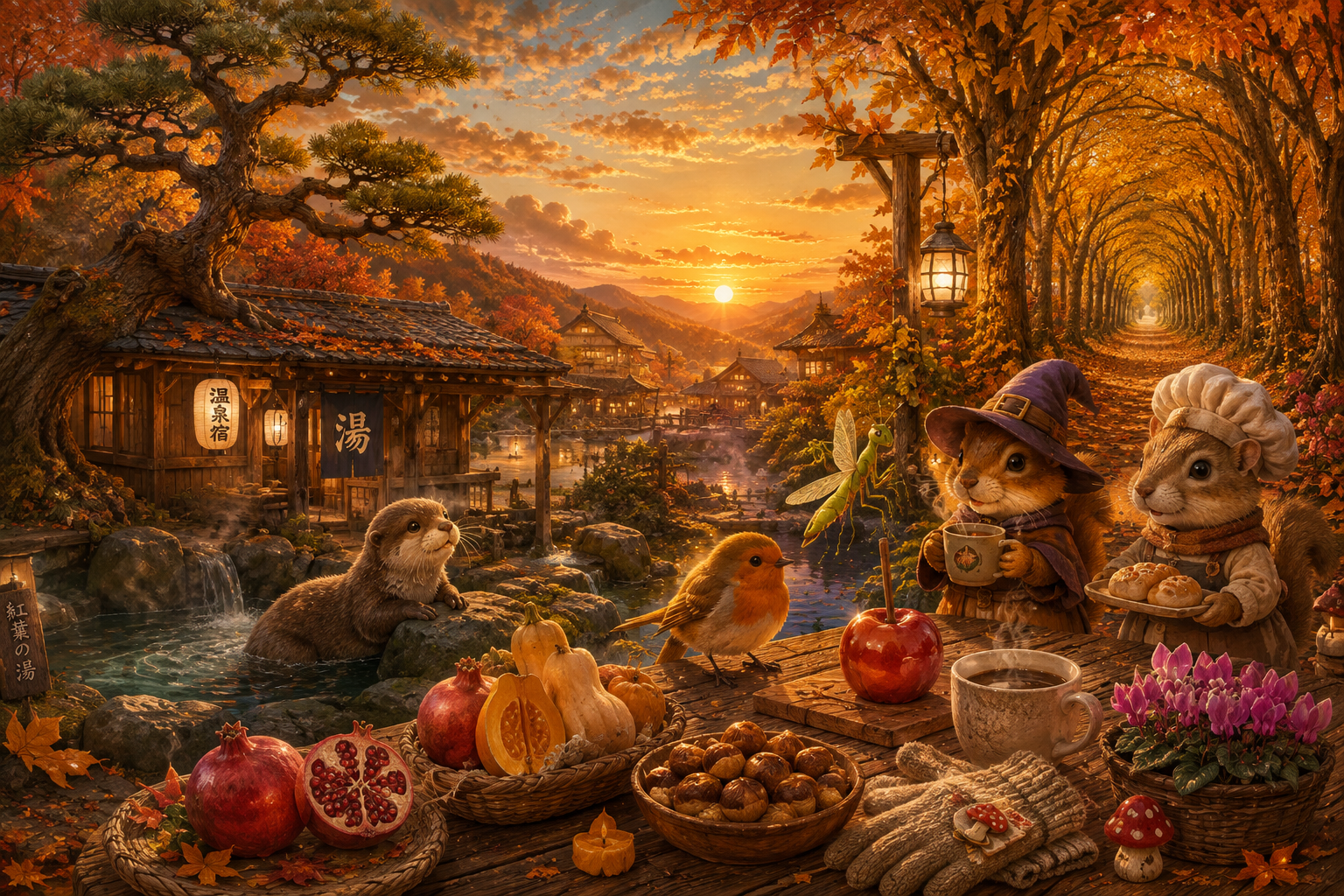 2026秋AIイラスト｜秋色の花屋と動物たちが眺める夕暮れの風景 OGP image
